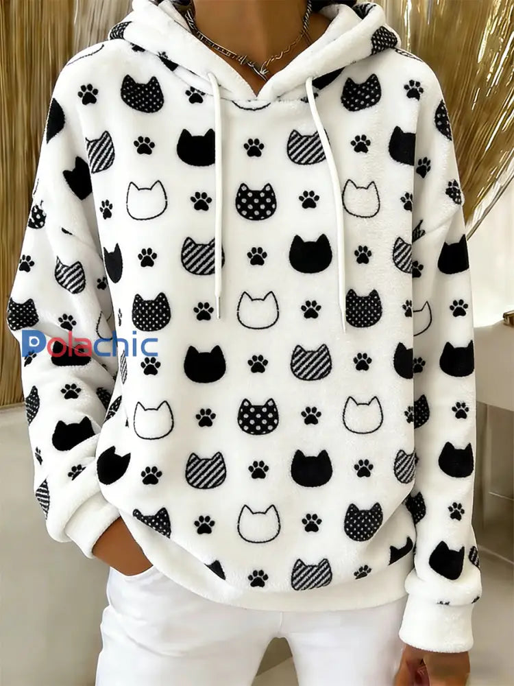 Sweat à capuche en flanelle à imprimé chat mignon pour femmes comme image / S