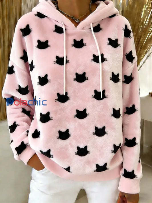 Sweat à capuche en flanelle à imprimé chat mignon pour femmes comme image / S
