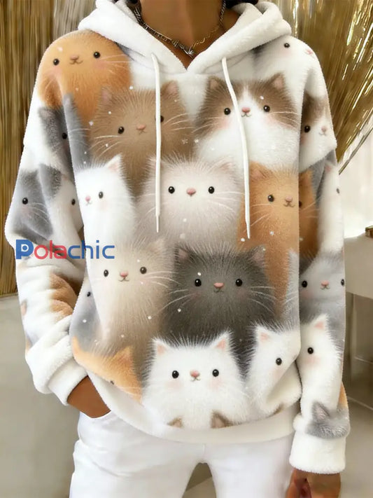 Sweat à capuche en flanelle à imprimé chat mignon pour femmes comme image / S