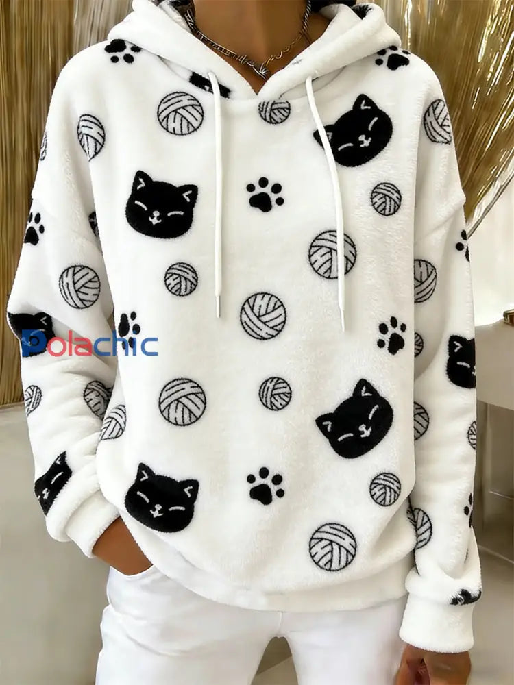 Sweat à capuche en flanelle à imprimé chat mignon pour femmes comme image / S