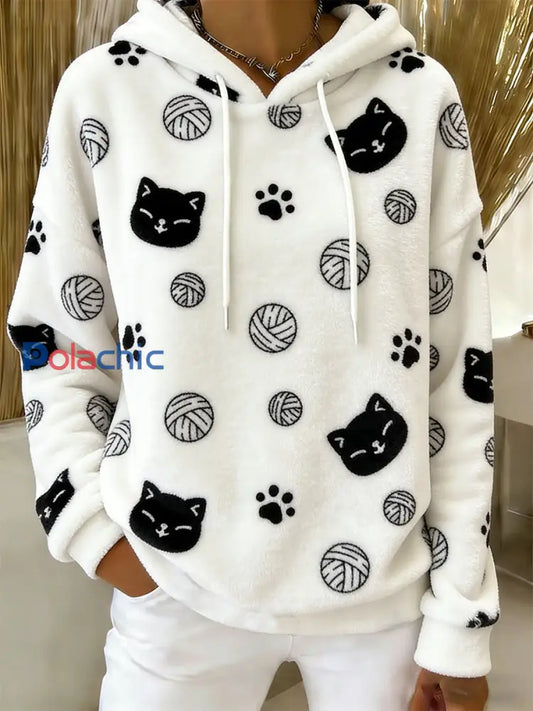 Sweat à capuche en flanelle à imprimé chat mignon pour femmes comme image / S