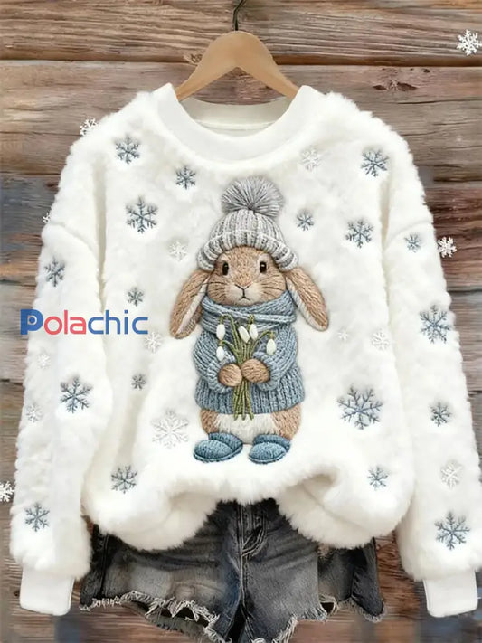 Sweat à capuche en flanelle lapin hiver femme Blanc / S