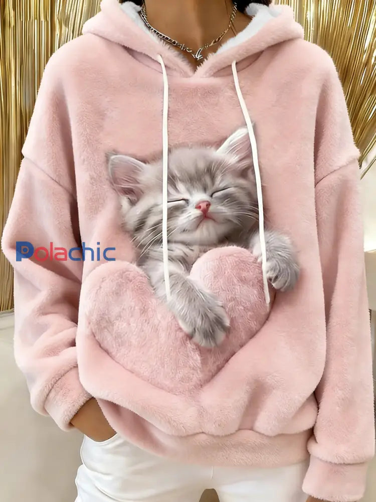 Sweat à capuche en flanelle mignon pour femme Rose / S