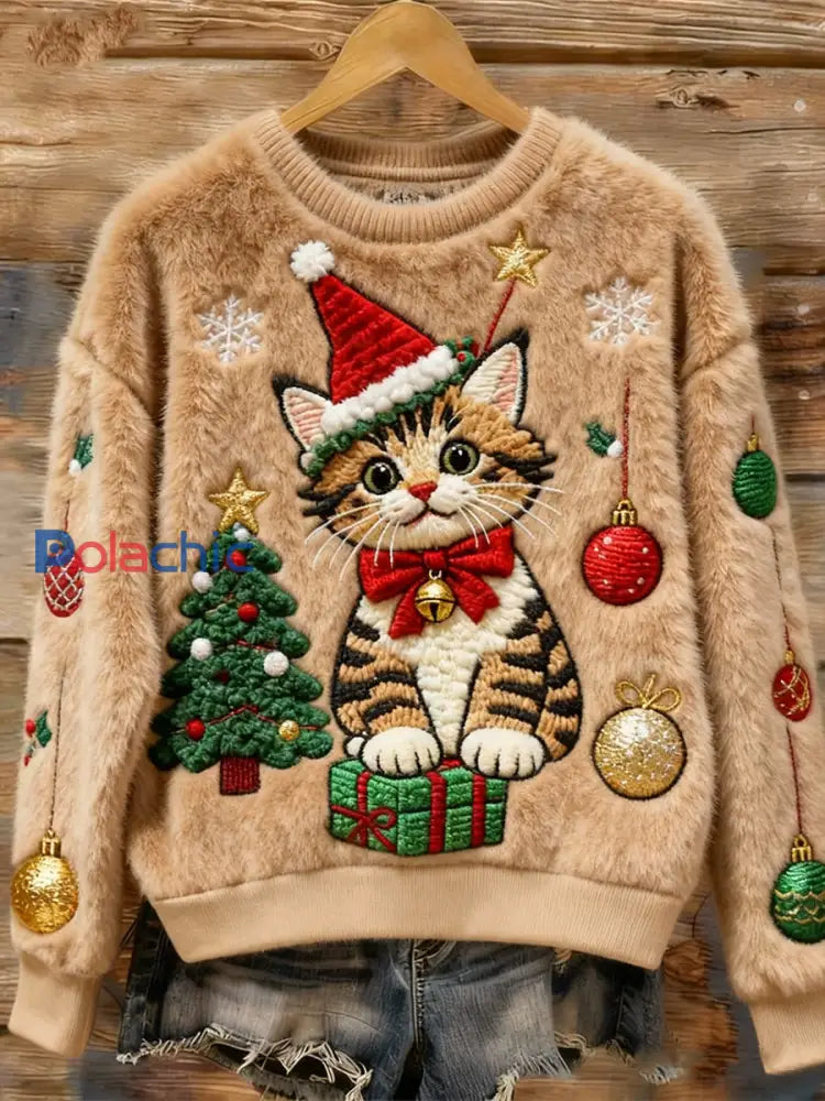 Sweat à capuche en flanelle pour femme avec imprimé arbre de Noël et chat Kaki / S