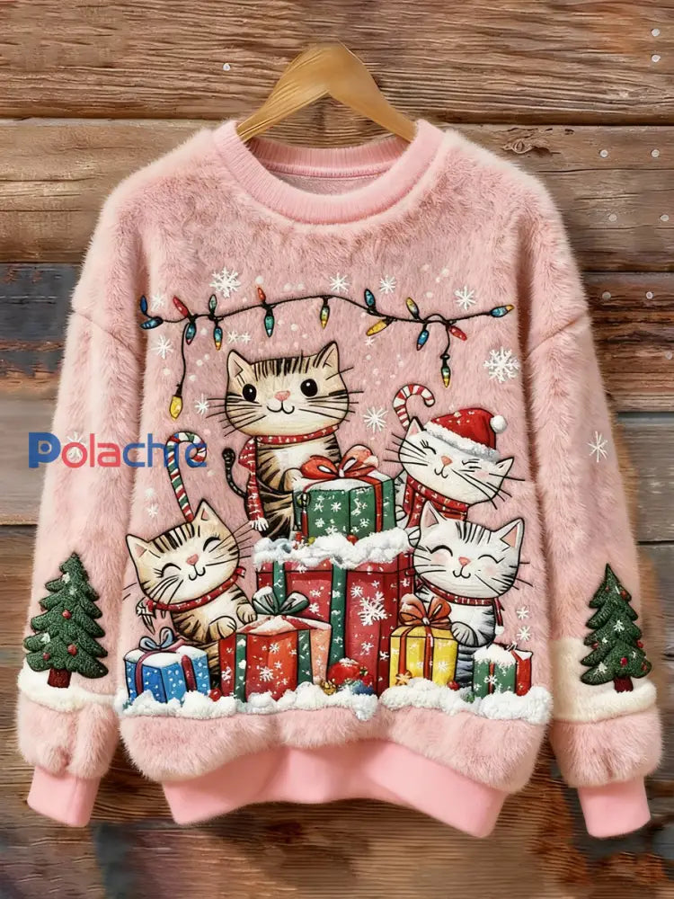Sweat à capuche en flanelle pour femme avec imprimé arbre de Noël et chat Rose / S