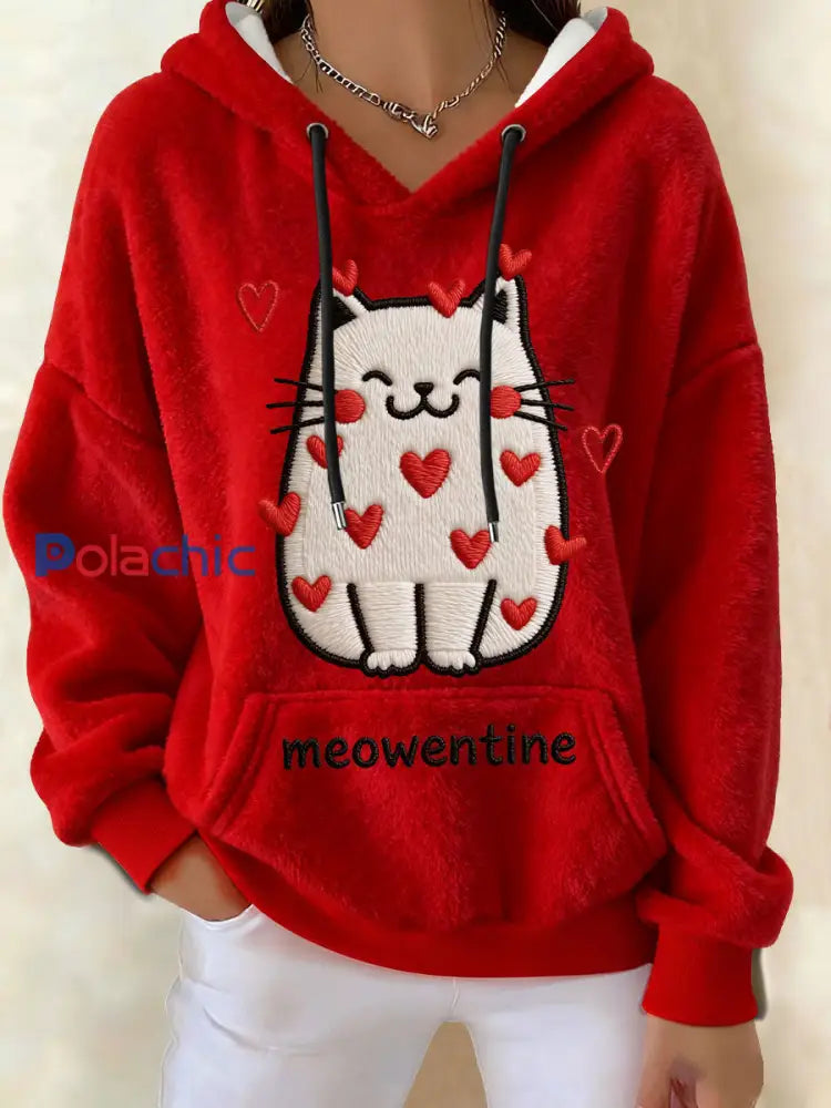 Sweat à capuche en flanelle pour femme Saint Valentin Cat Meowentine Rouge / S