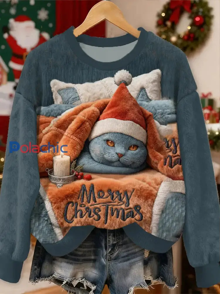 Sweat à capuche en flanelle pour femmes motif chat mignon de Noël comme image / S