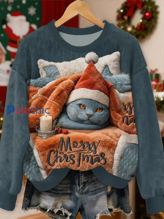Sweat à capuche en flanelle pour femmes motif chat mignon de Noël comme image / S