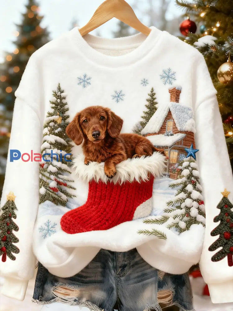 Sweat à capuche en flanelle pour femmes Noël mignon et drôle de chien Blanc / S