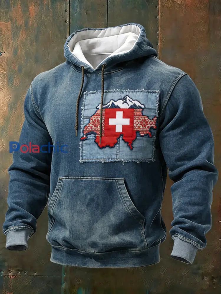 Sweat à capuche en jean imprimé carte suisse patchwork rustique pour hommes Multicolore / S