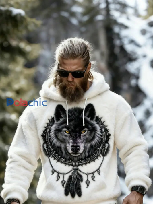 Sweat à capuche en peluche pour hommes Tribal Wolf Art Blanc / S