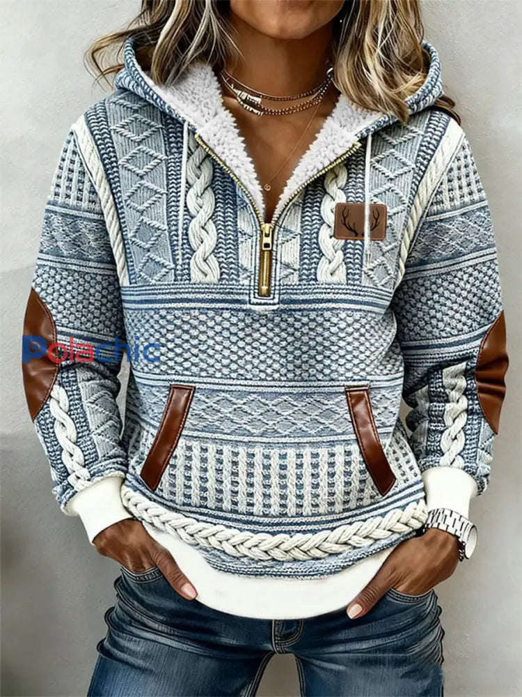 Sweat à capuche en peluche western vintage pour femmes Bleu clair / S