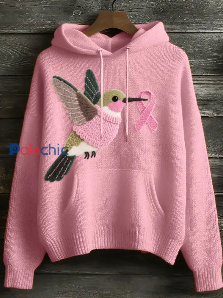 Sweat à capuche en tricot confortable pour femmes en feutre à motif de colibri Rose / S