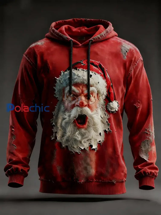 Sweat à capuche à épaules tombantes avec imprimé Père Noël pour hommes (sans poches) Rouge / S