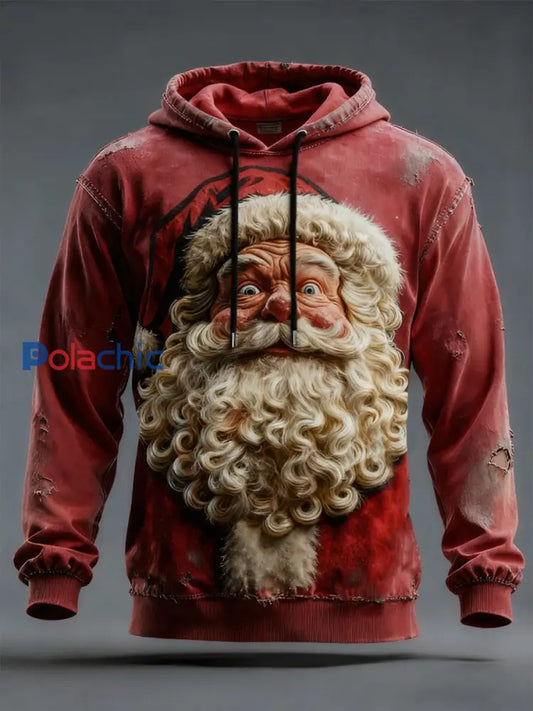 Sweat à capuche à épaules tombantes avec imprimé Père Noël pour hommes (sans poches) Rouge / S