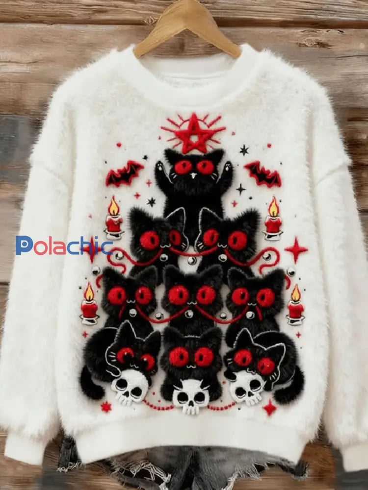 Sweat à Capuche Femme Chat Noir Arbre de Noël En Flanelle Blanc / S