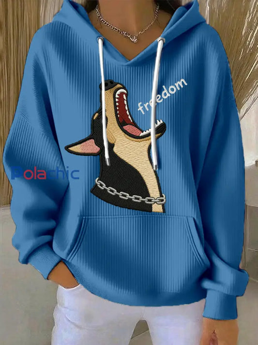 Sweat à Capuche Femme Drôle Chien Imprimé Bleu / S