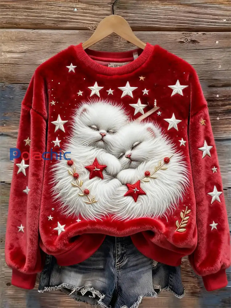 Sweat à Capuche Femme Imprimé Chat et Étoiles de Noël en Flanelle Rouge / S