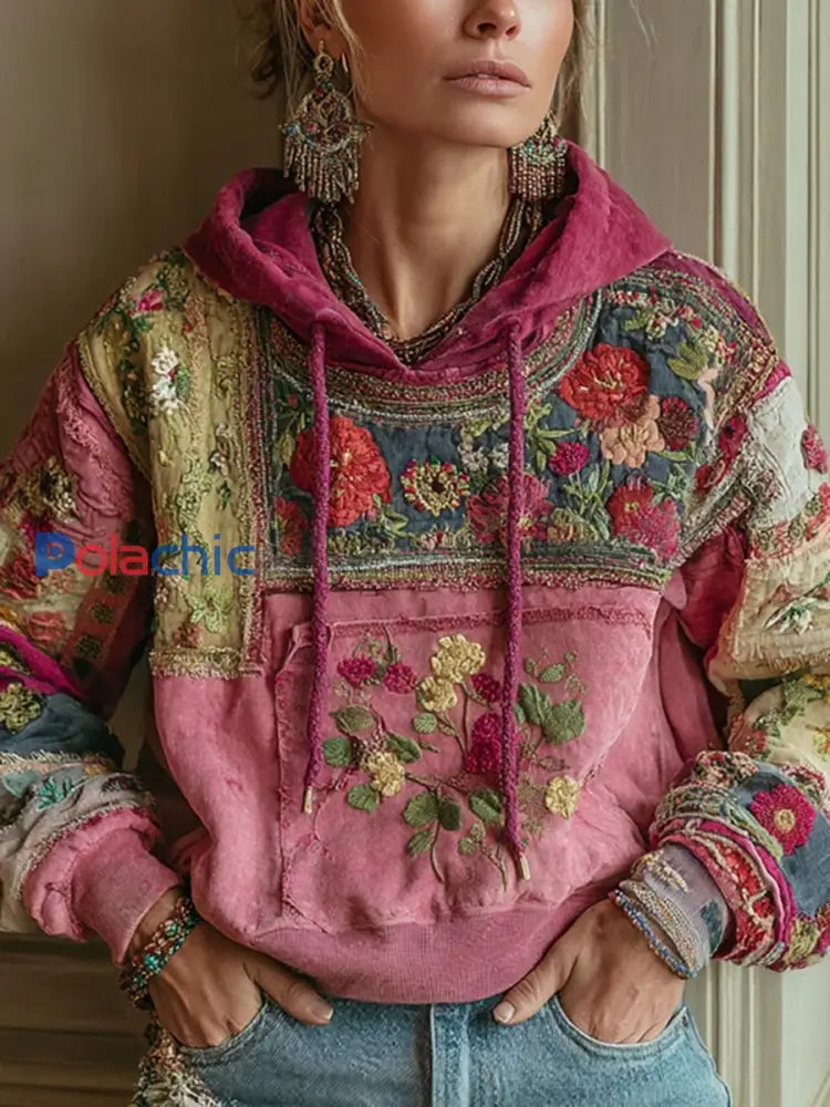 Sweat à Capuche Femme Imprimé Floral Botanique à Cordon Rose / S