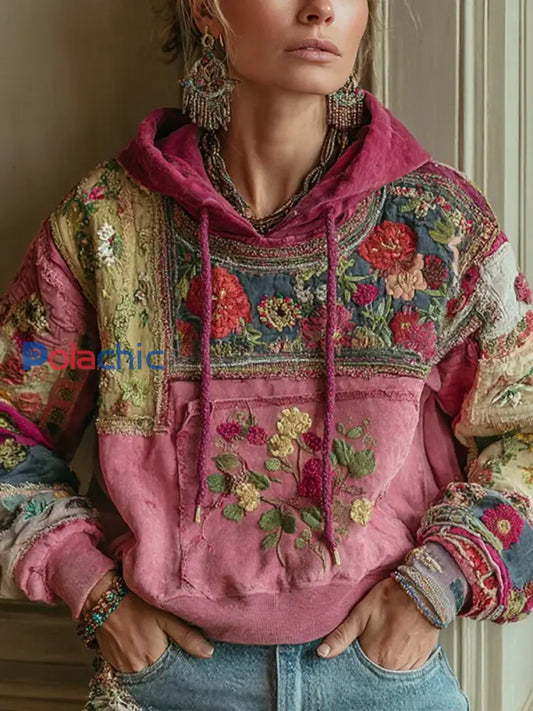 Sweat à Capuche Femme Imprimé Floral Botanique à Cordon Rose / S