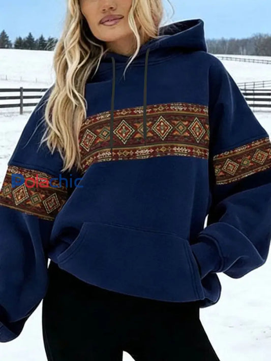 Sweat à Capuche Femme Motif Aztèque Vintage Bleu Foncé / S