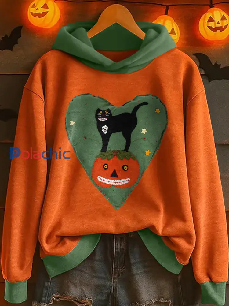 Sweat à Capuche Femme Noir Chat Et Citrouille Patchwork Art comme image / S