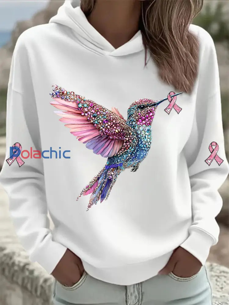 Sweat à Capuche Femme Rose Imprimé Colibri Blanc / S