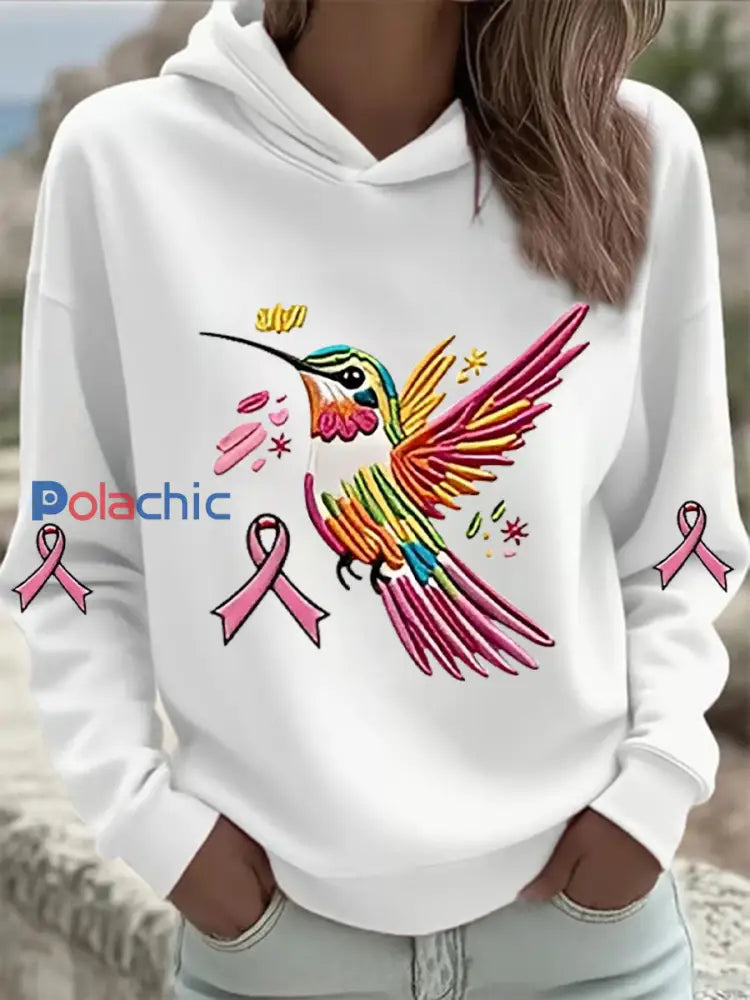 Sweat à Capuche Femme Rose Imprimé Colibri Blanc / S