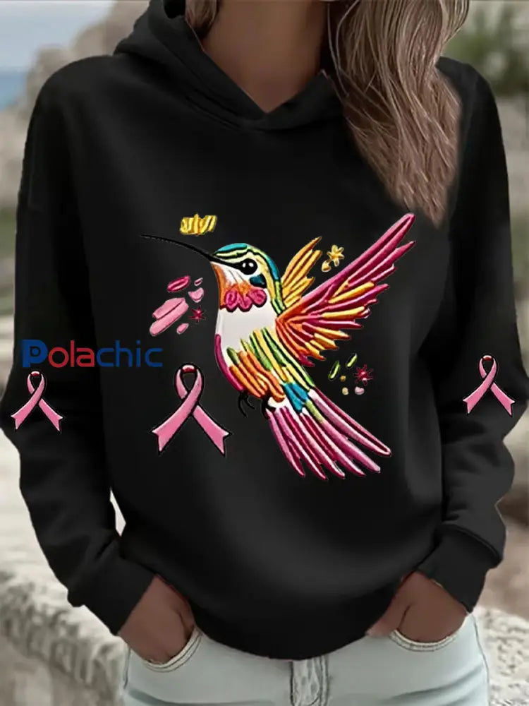 Sweat à Capuche Femme Rose Imprimé Colibri Noir / S