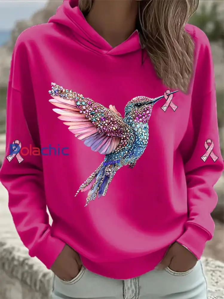 Sweat à Capuche Femme Rose Imprimé Colibri Rose Rouge / S
