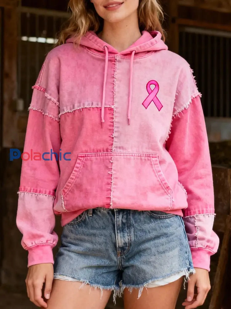 Sweat à Capuche Femme Rose Patchwork Brodé Ruban Rose / S