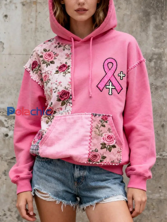 Sweat à Capuche Femme Rose Patchwork Brodé Ruban Rose / S