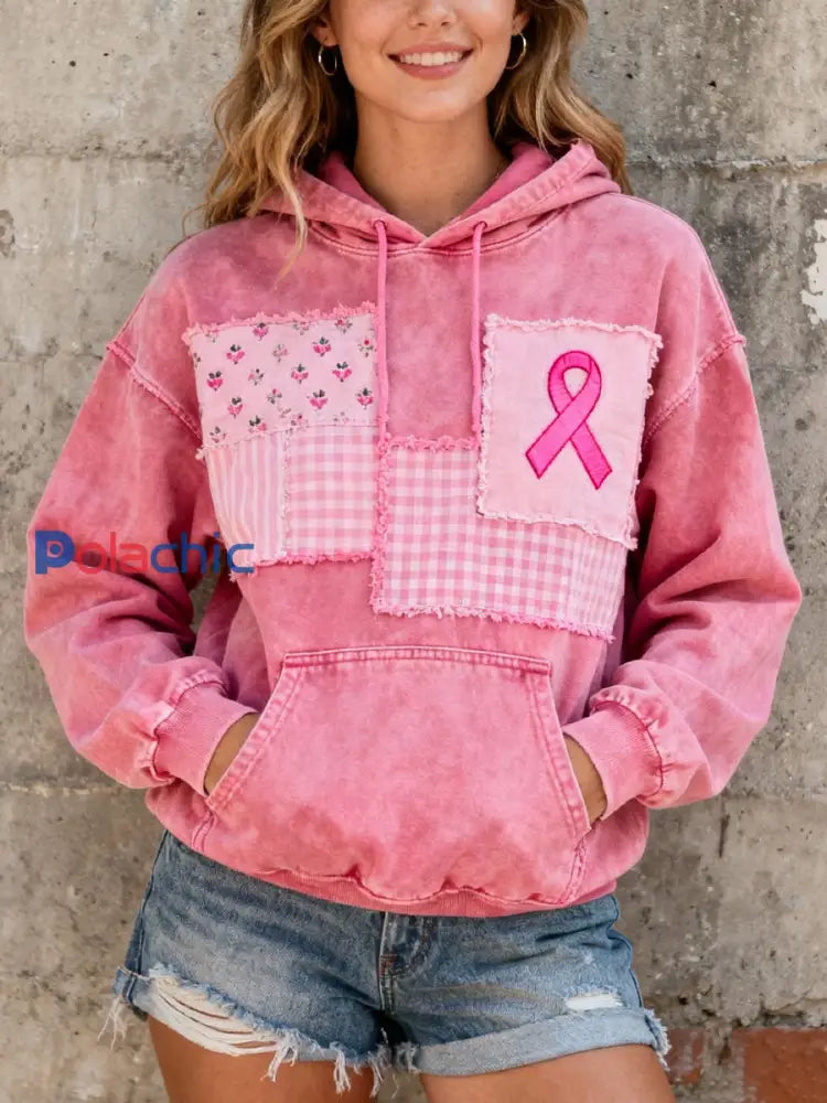 Sweat à Capuche Femme Rose Ruban Brodé Lavé Rose / S