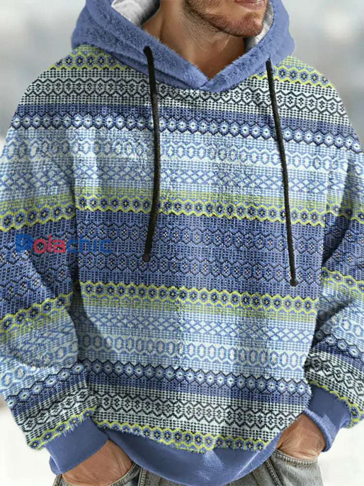 Sweat à capuche géométrique en flanelle pour hommes Bleu clair / S