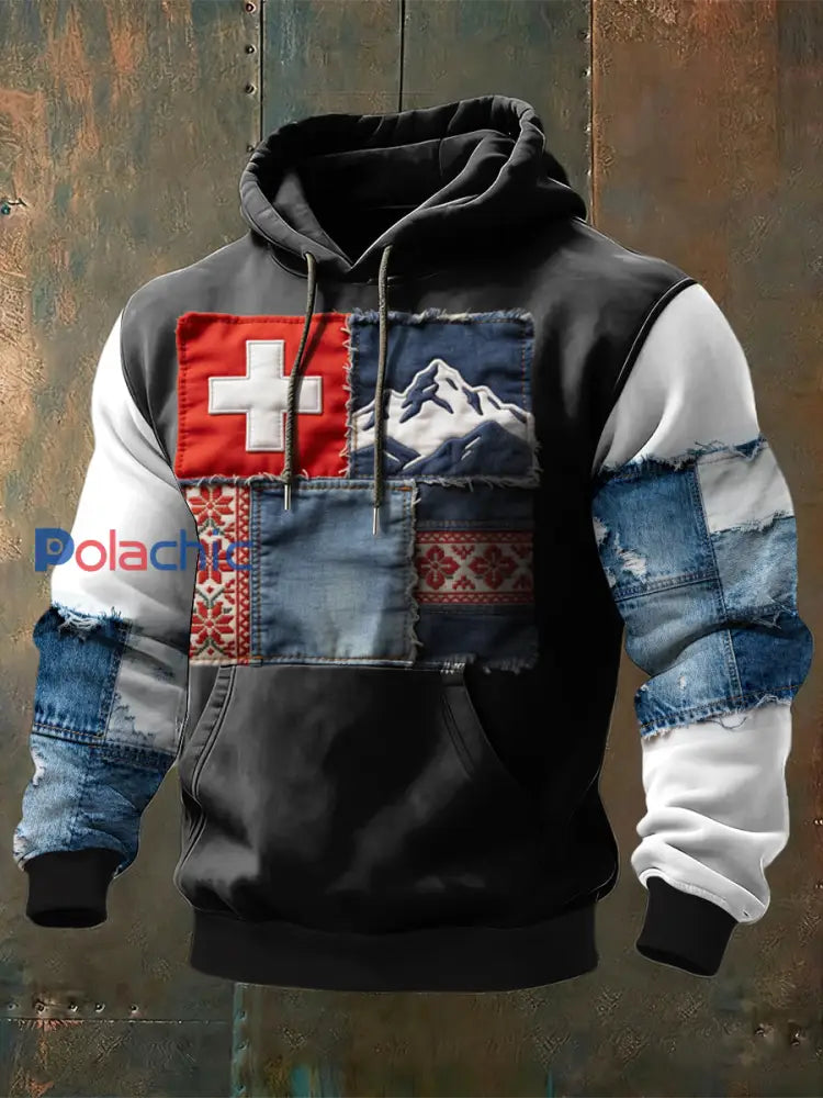 Sweat à capuche Homme Edgy Patchwork Swiss Cross & Mountain Imprimé Denim Accent Multicolore / S
