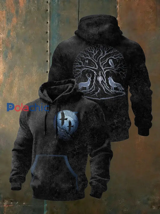 Sweat à Capuche Homme Noir Atmosphérique Imprimé Arbre & Faune Viking Multicolore / S