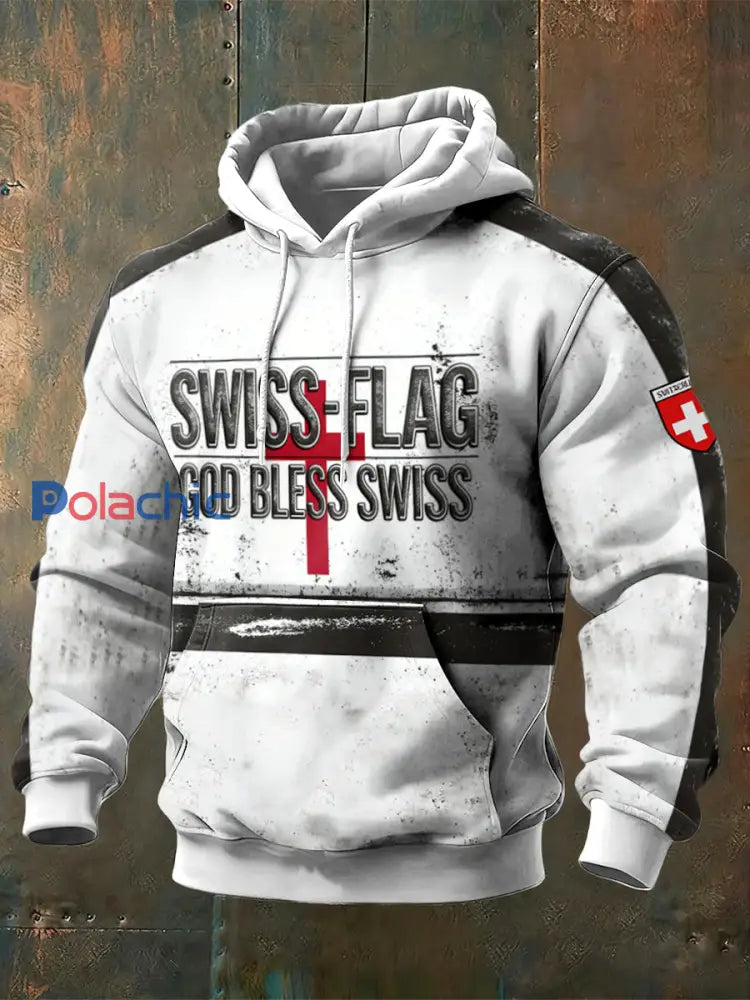 Sweat à capuche imprimé avec lettrage d’inspiration suisse pour homme Blanc / S