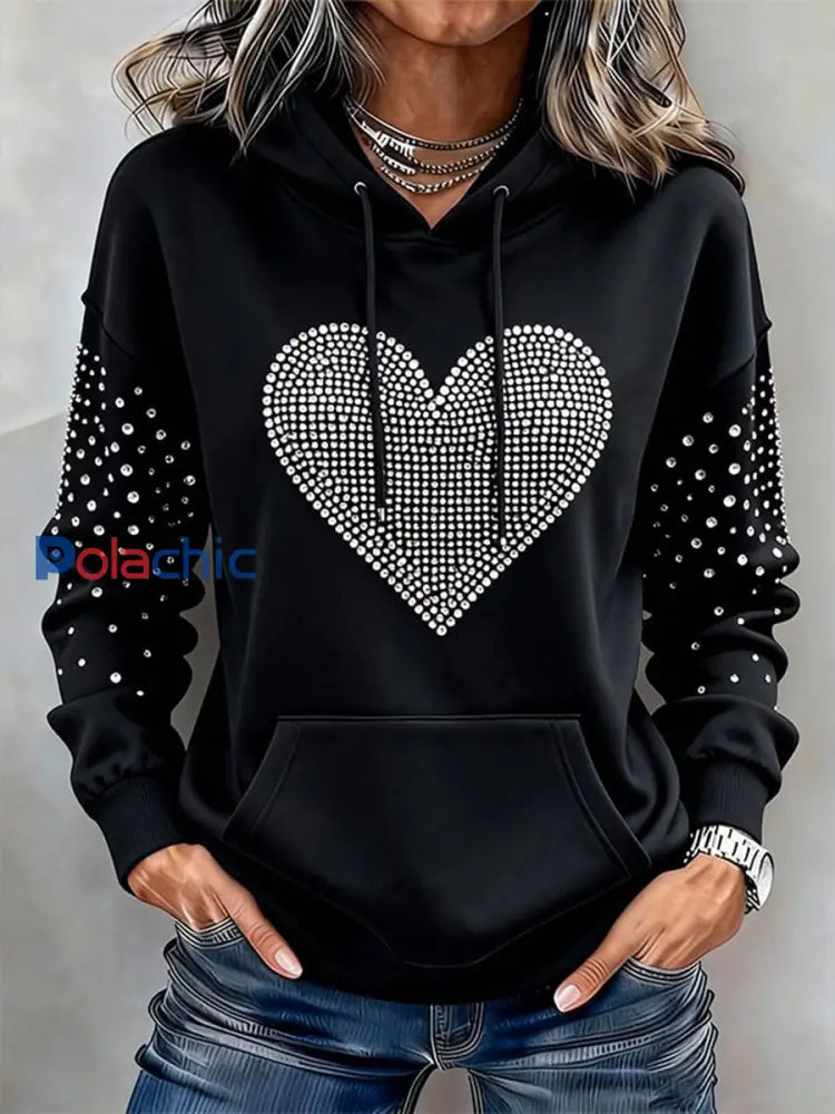 Sweat à capuche imprimé coeur de la Saint-Valentin pour femmes Noir / S