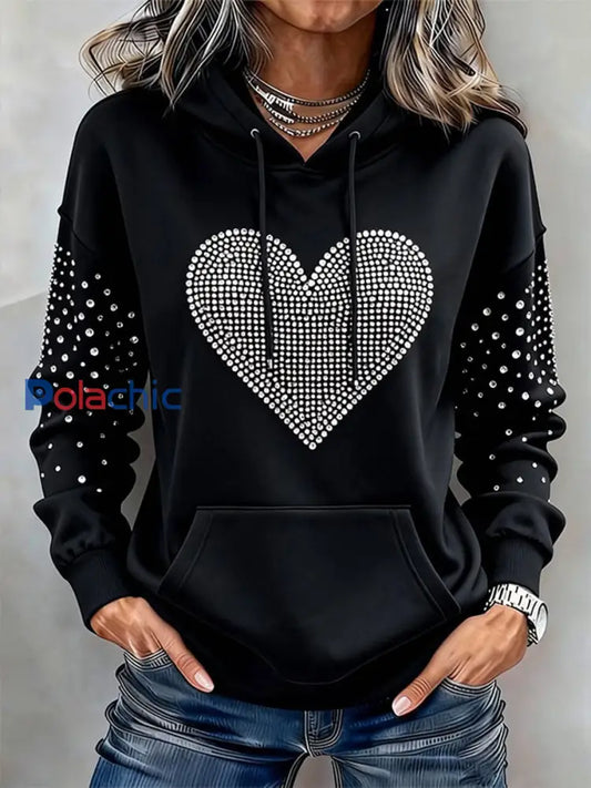 Sweat à capuche imprimé coeur de la Saint-Valentin pour femmes Noir / S