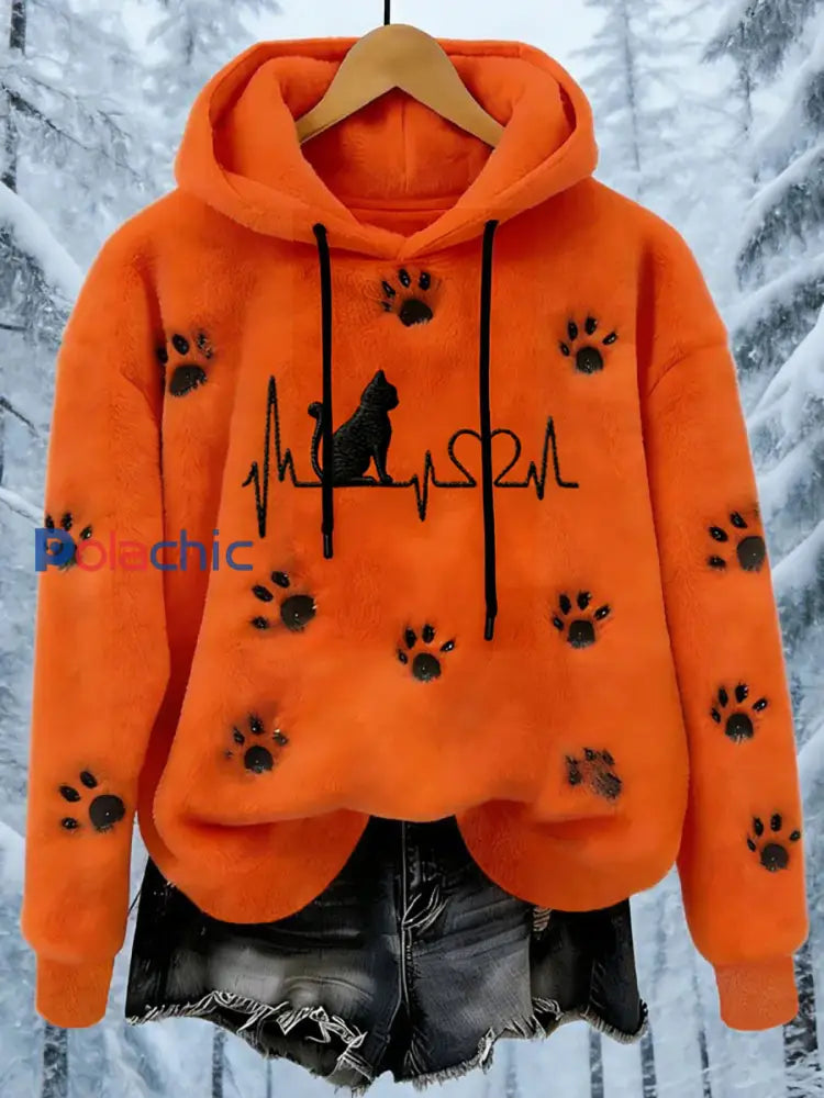 Sweat à capuche à imprimé de pattes de chat en flanelle pour femmes Orange / S