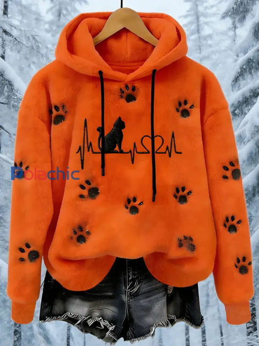 Sweat à capuche à imprimé de pattes de chat en flanelle pour femmes Orange / S