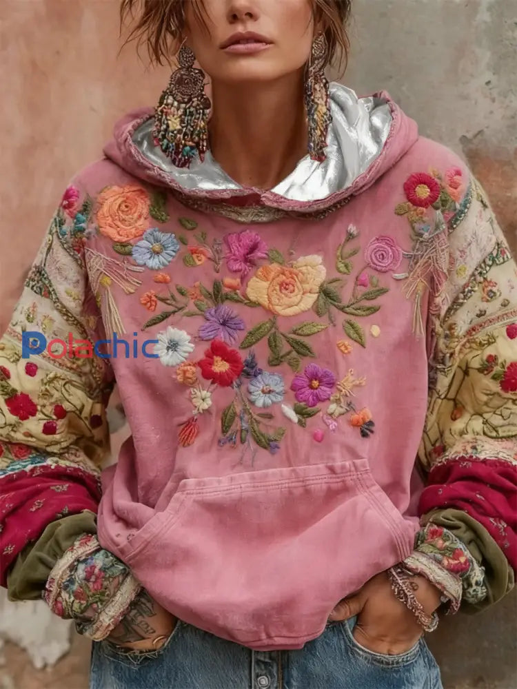 Sweat à capuche à imprimé floral botanique pour femme Rose / S