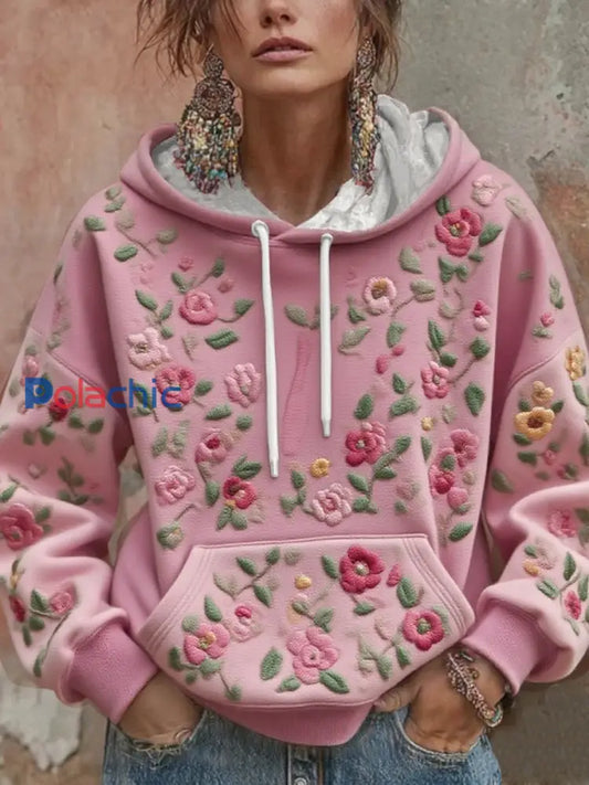Sweat à capuche imprimé floral pour femmes Rose / S