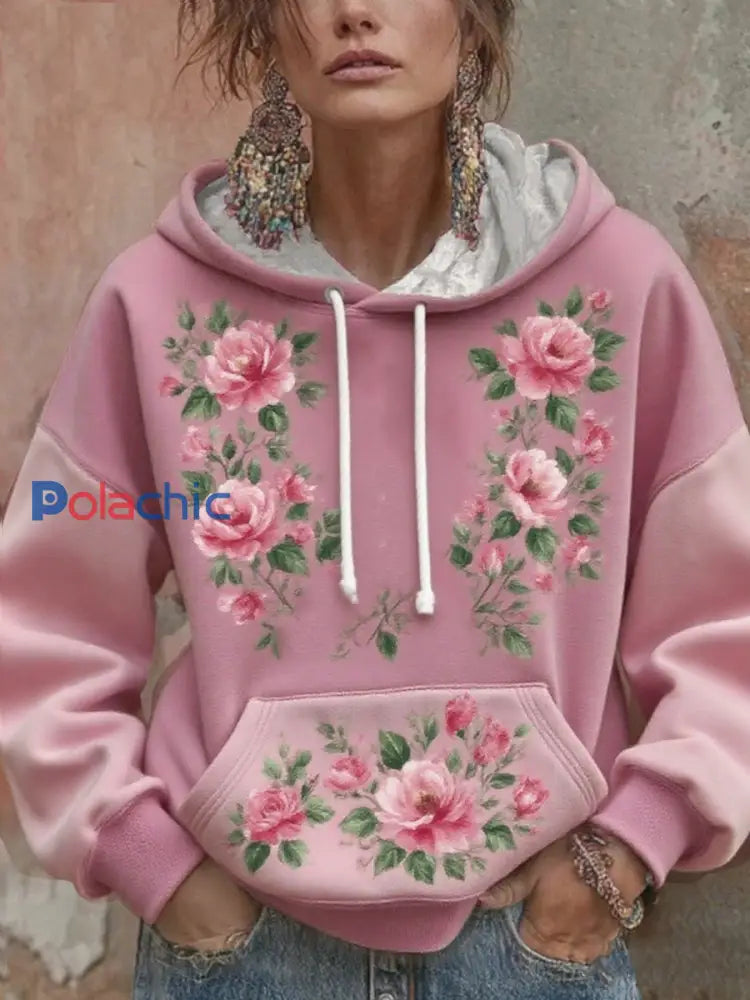 Sweat à capuche imprimé floral pour femmes Rose / S
