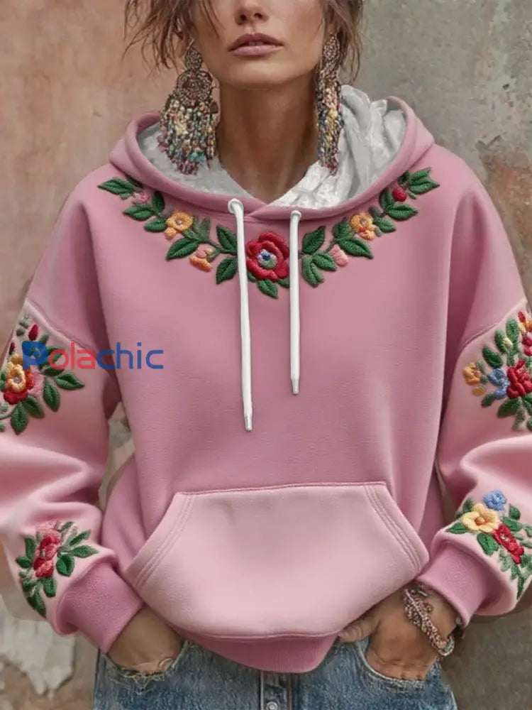 Sweat à capuche imprimé floral pour femmes Rose / S