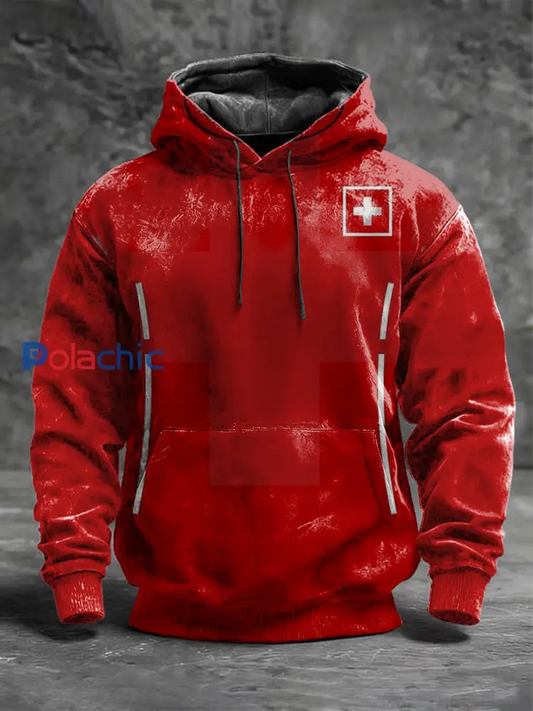 Sweat à capuche à imprimé minimaliste pour homme croix suisse rouge Multicolore / S