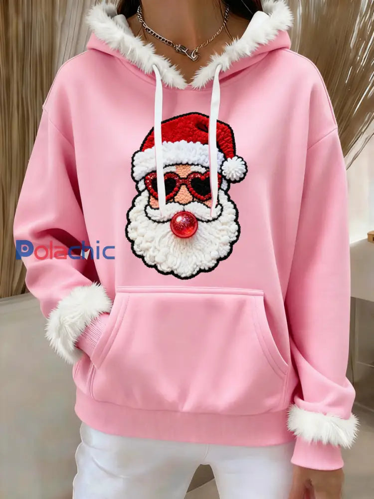 Sweat à capuche imprimé Père Noël pour femmes Rose / S