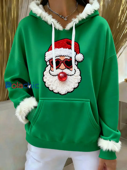 Sweat à capuche imprimé Père Noël pour femmes Vert / S