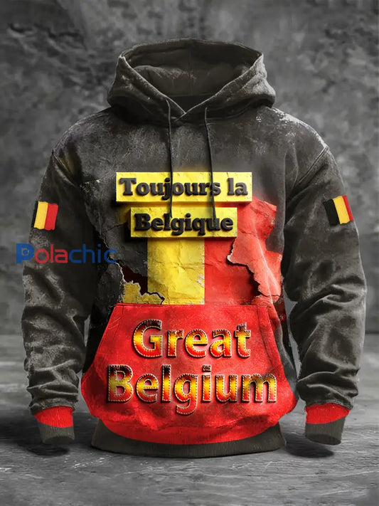 Sweat à capuche à imprimé texte en patchwork belge pour hommes Noir / S