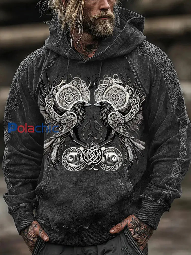 Sweat à capuche à imprimé Viking Crow & Knotwork pour homme Multicolore / S